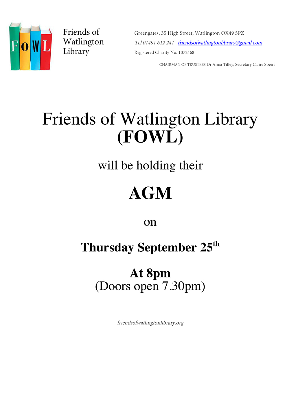 FOWL AGM : Thursday 25th September – Friends of Watlington Library